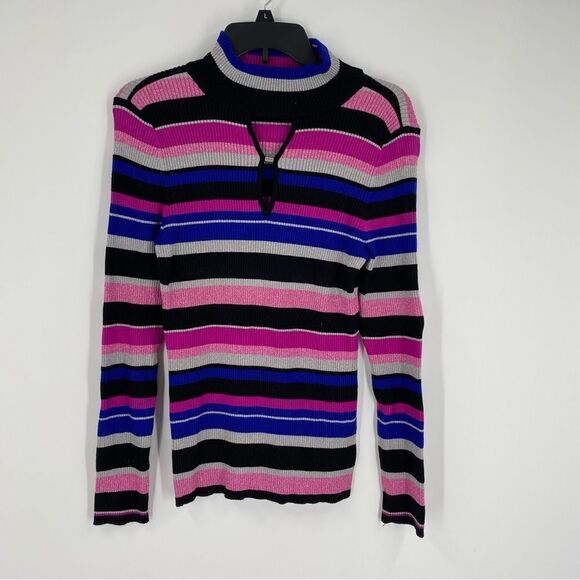INC Women’s Striped Ribbed Knit Mock Neck Key Hole Opening Front Sweater size XL - Picture 1 of 3